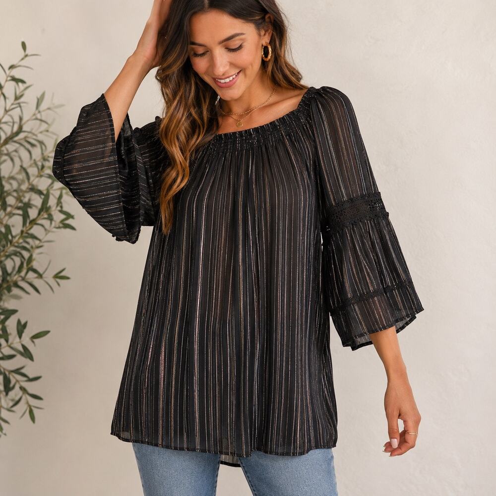Kiwi & Punch Black Metallic Striped Bell Sleeve Tunic Blouse Sz M NWT